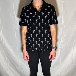 Express Black Polo Shirt with White Flamingo Print